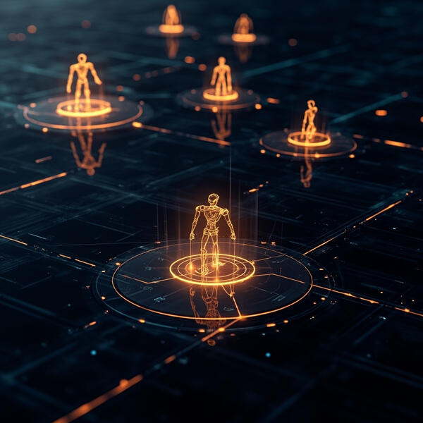 AI agents collaborating in real-time with holographic interfaces and glowing connections