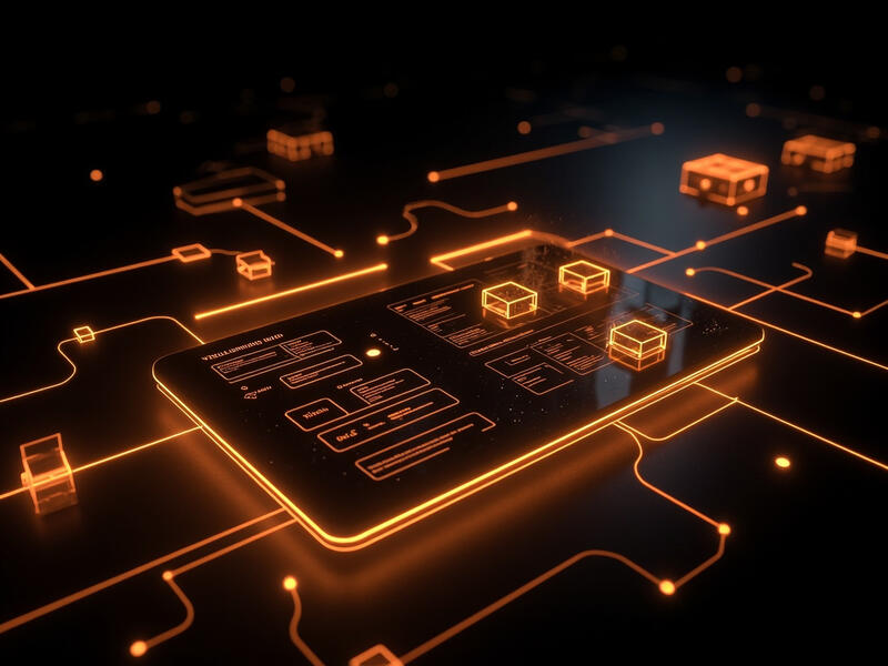 Futuristic visual builder interface for AI agent skills with glowing amber blocks and connections
