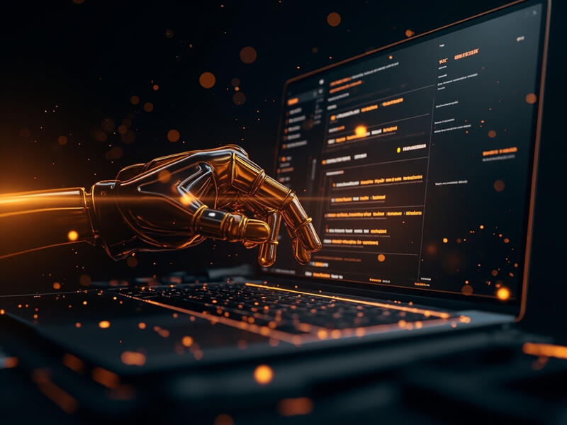 A glowing amber AI agent hand interacting with a computer screen, navigating UI elements and clicking buttons autonomously