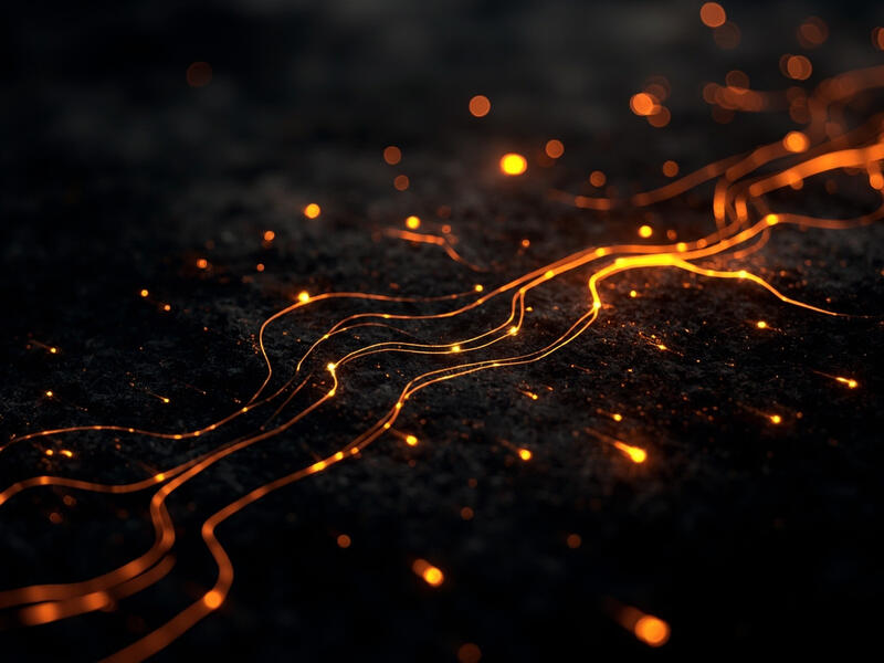 Abstract visualization of interconnected AI agent workflows with glowing amber circuit patterns on dark background