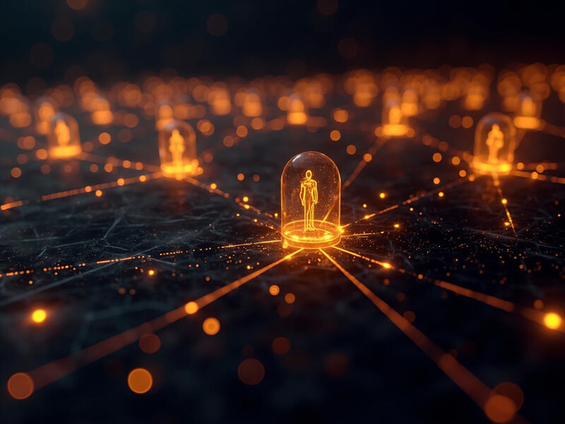 Interconnected AI agent network visualization with glowing nodes and data streams
