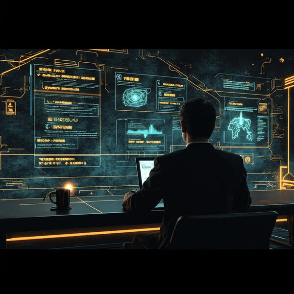 Human operator overseeing AI agent workflows at a holographic control interface