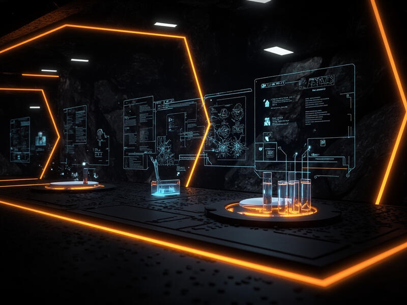 AI agent testing and quality assurance visualization with amber circuits and diagnostic interfaces