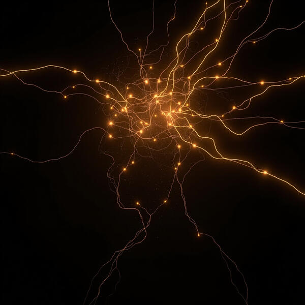 Abstract visualization of AI reasoning with branching neural pathways and golden light trails