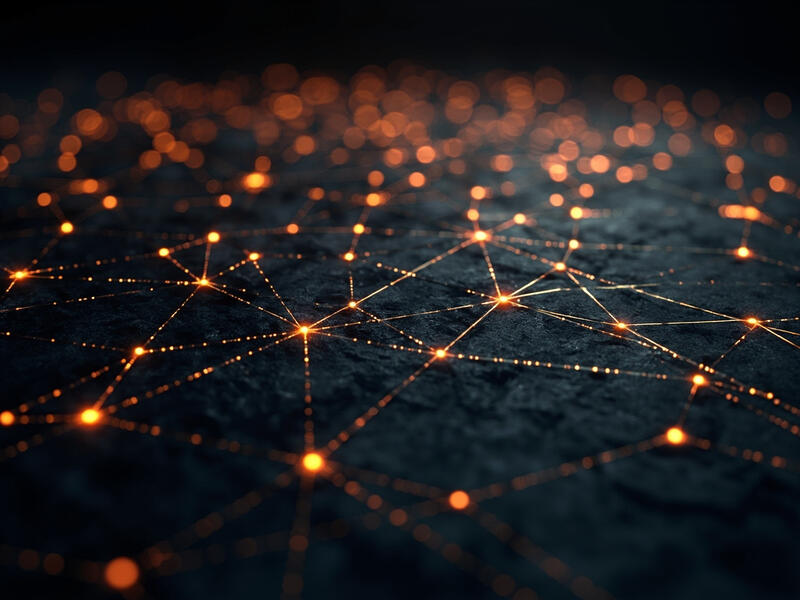 Abstract visualization of interconnected AI agents communicating through standardized protocols